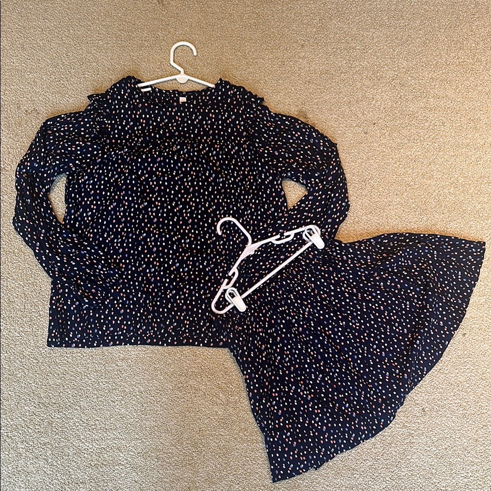Paris Galeries Lafayette Girls Navy Polka Dot Blouse and Skirt Set Size 14